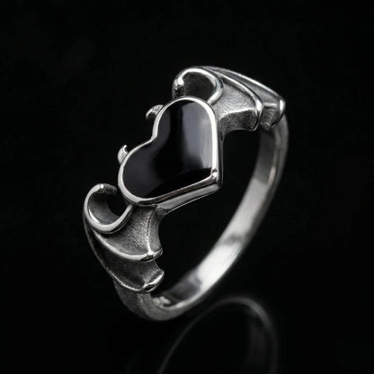 Bat Wing Heart Ring Front View Black Gem Vampire Gothic Jewelry