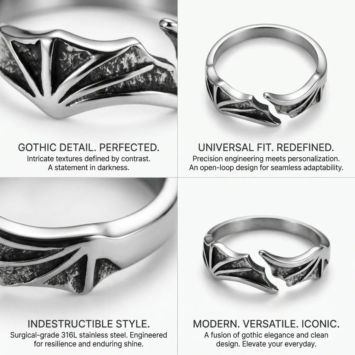 Bat Wing Ring Design Features 316L Stainless Steel Fixed Size Bypass Gothic Ring