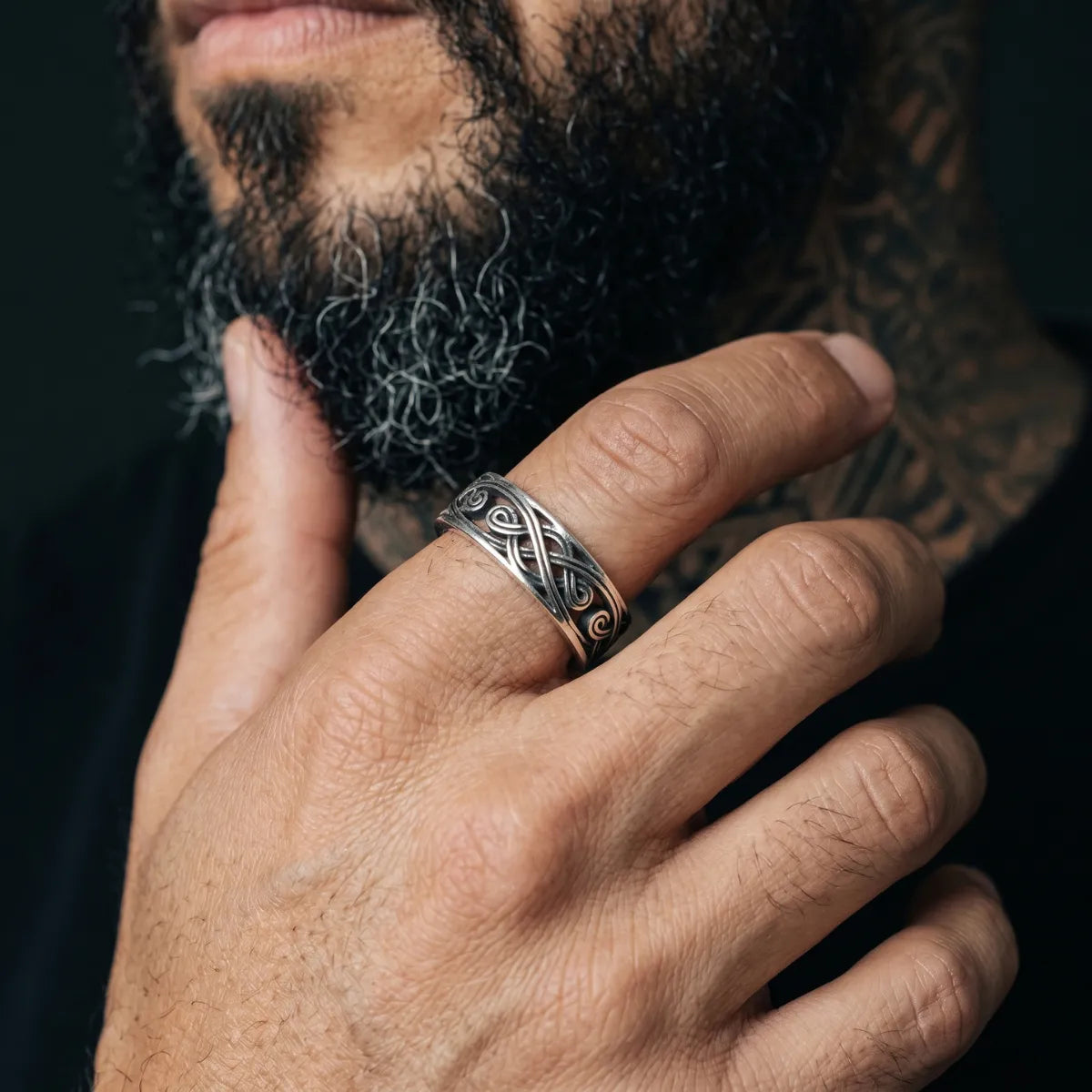 Bearded Man Wearing 6mm Filigree Knot Band Alternative Mens Wedding Band