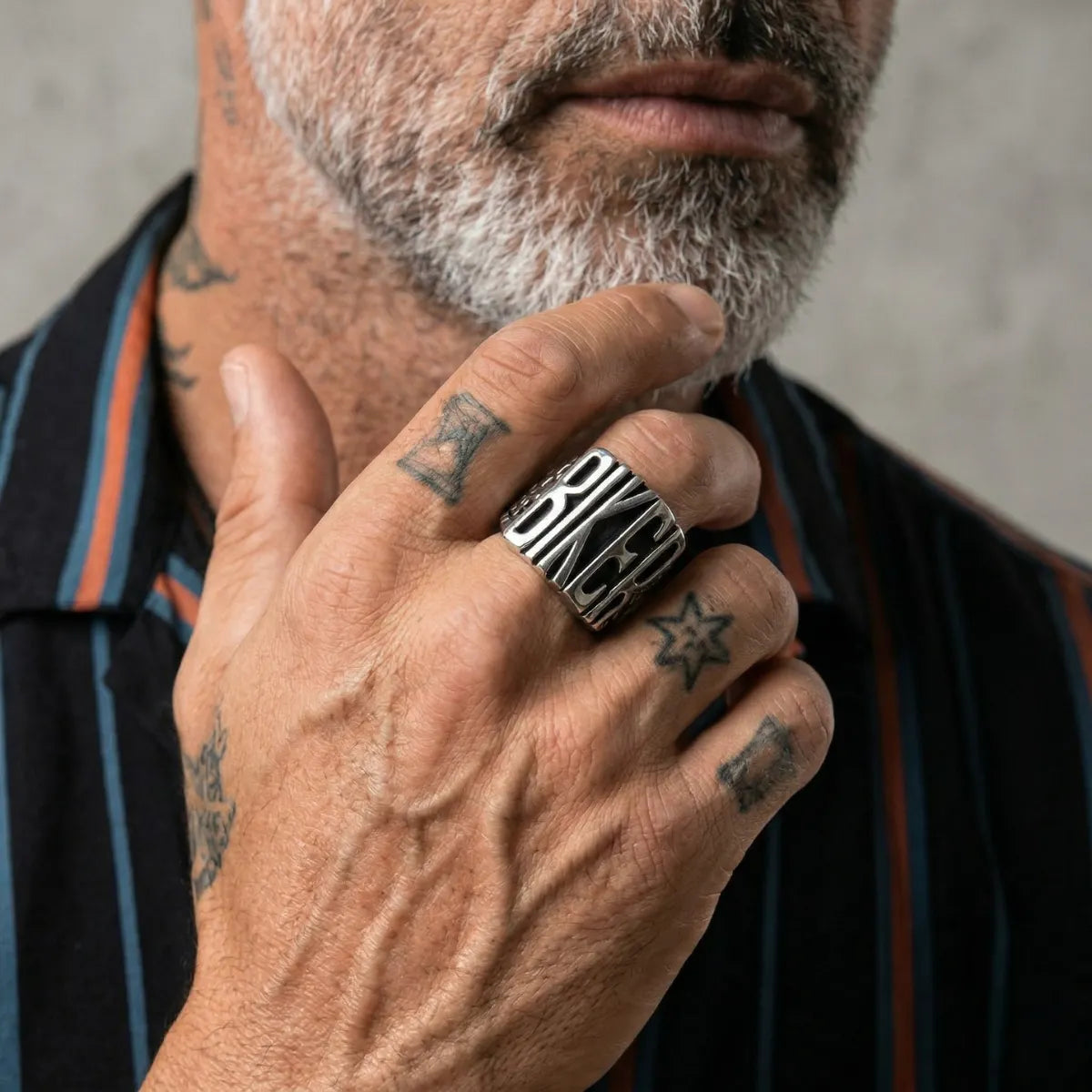 Bearded Man Wearing Biker Letter Ring Mens Motorcycle Jewelry