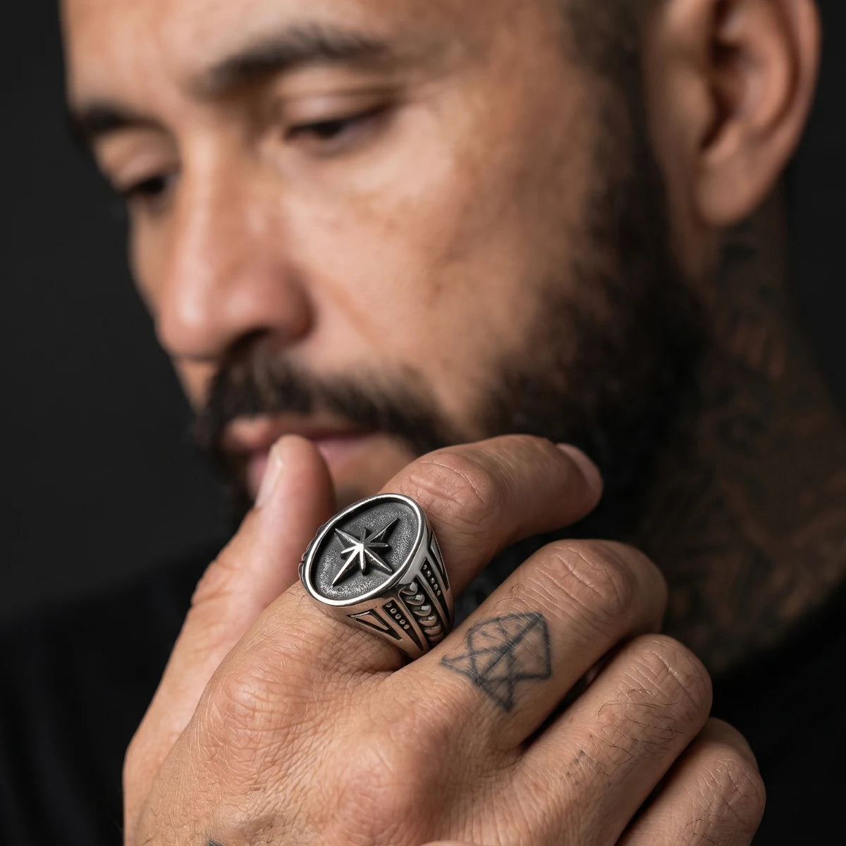 Bearded Man Wearing North Star Signet Ring Alternative Mens Accessories