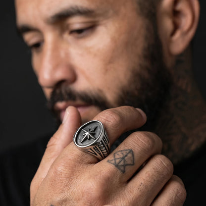 Bearded Man Wearing North Star Signet Ring Alternative Mens Accessories