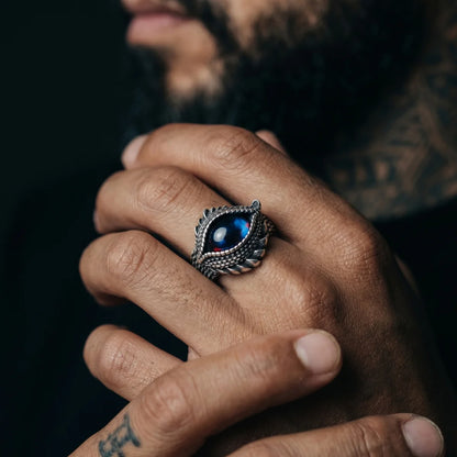 Bearded Man Wearing Scaled Eye Ring Alternative Biker Accessories