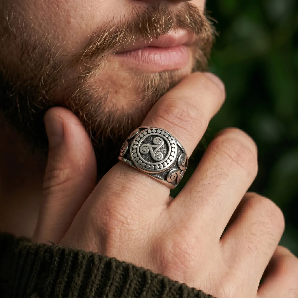 Bearded Man Wearing Triskele Ring Outdoor Lifestyle Mens Pagan Jewelry