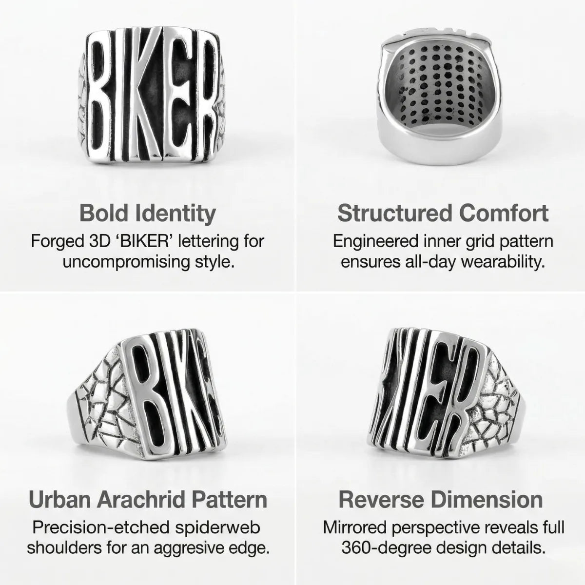 Biker Letter Ring Design Features Spiderweb Shoulders Statement Jewelry