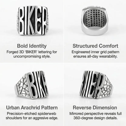 Biker Letter Ring Design Features Spiderweb Shoulders Statement Jewelry
