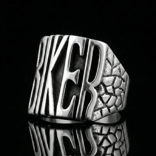 Biker Letter Ring Front View 3D Text Mens Biker Jewelry