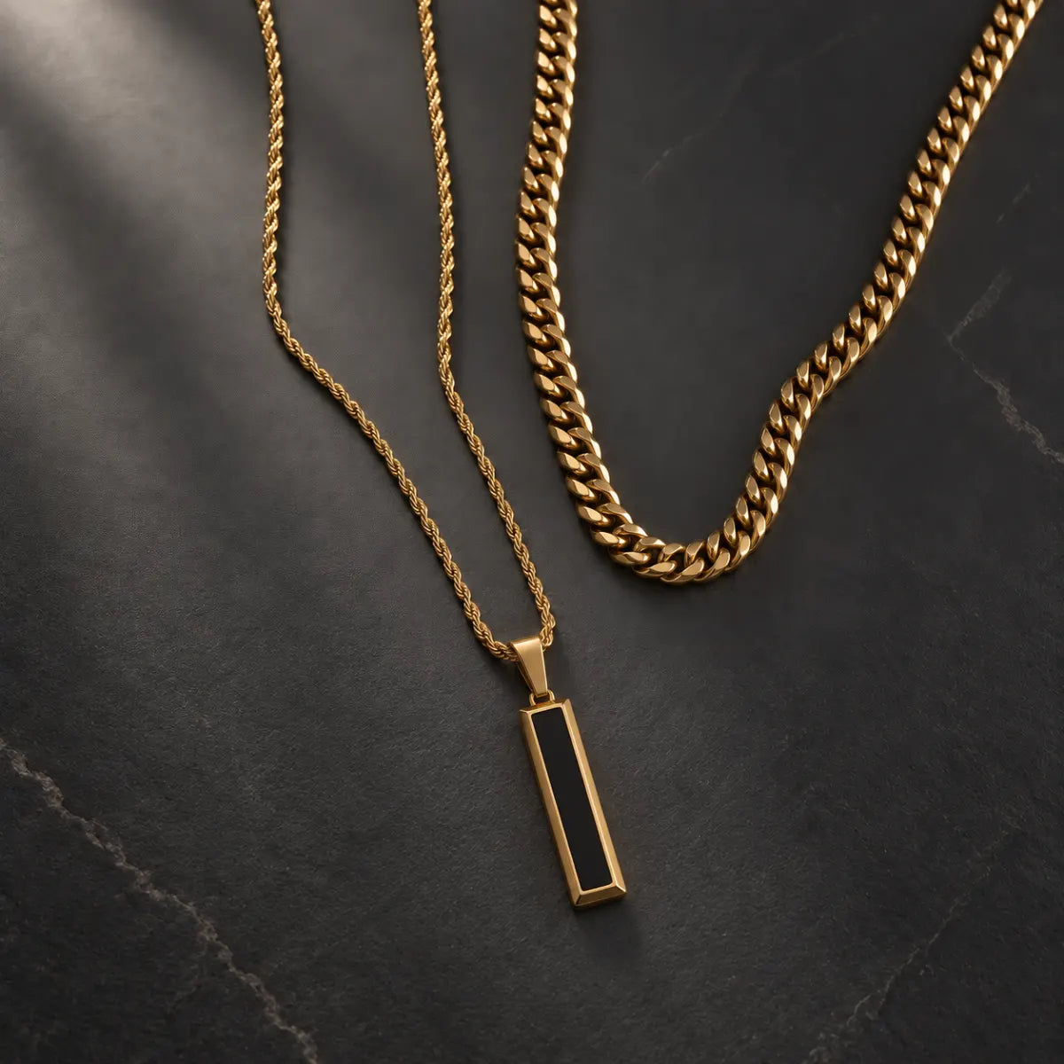 black and gold bar necklace layered set birds eye display