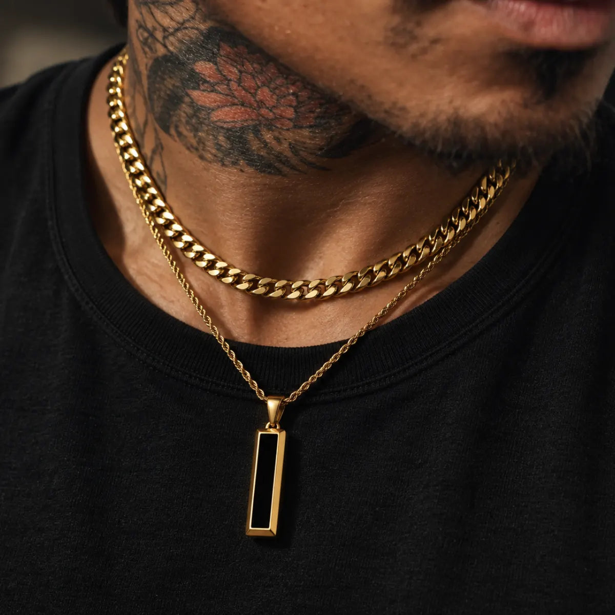black and gold bar necklace layered set lifestyle