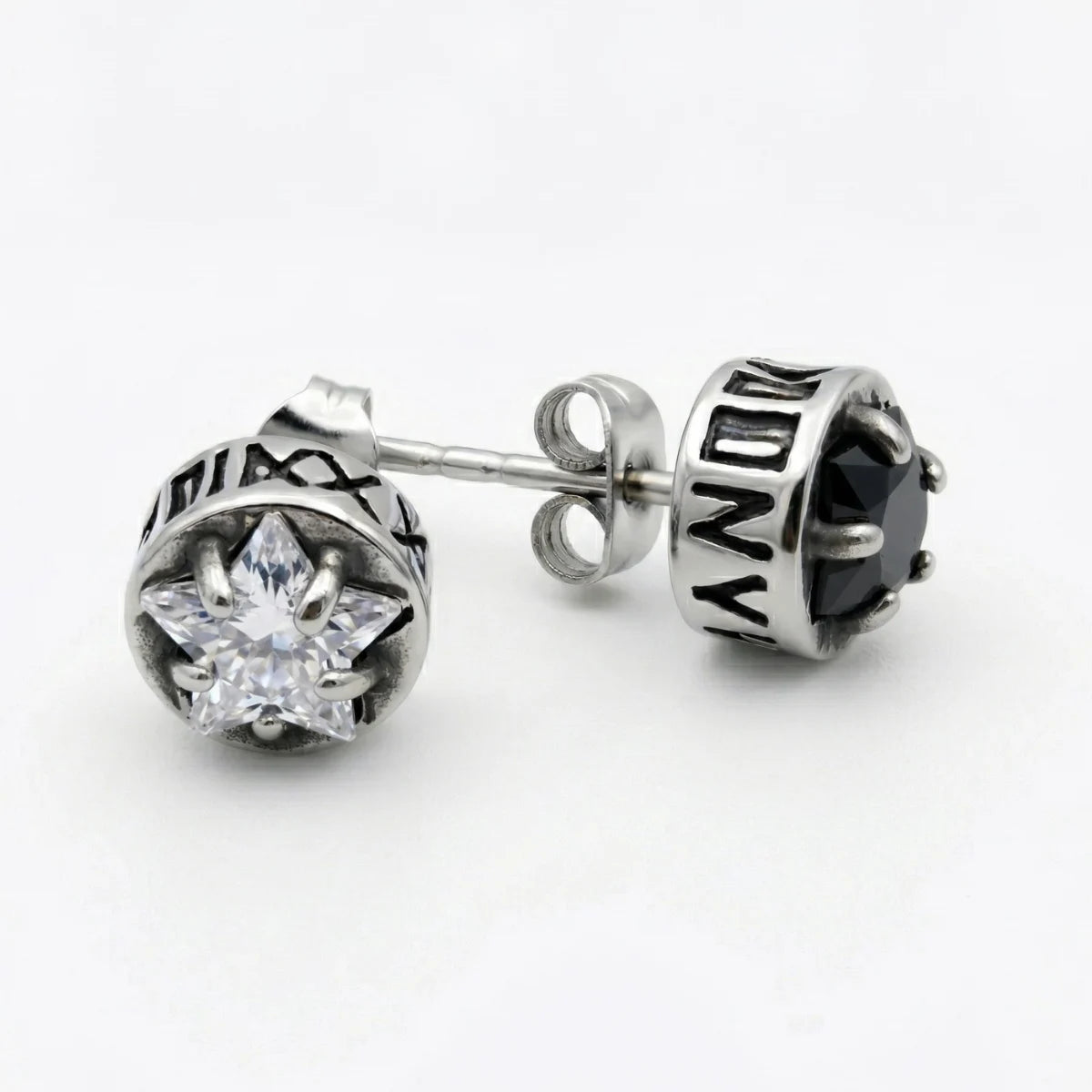Black and white CZ Roman Numeral Star Studs mismatched pair