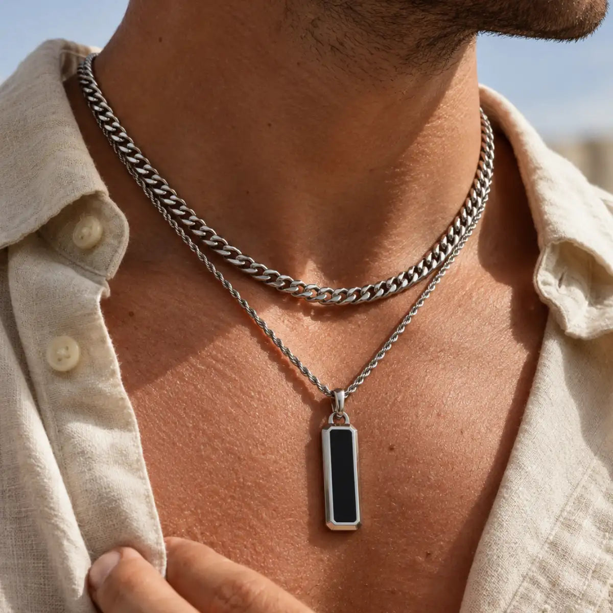 black bar necklace layered set lifestyle beige shirt