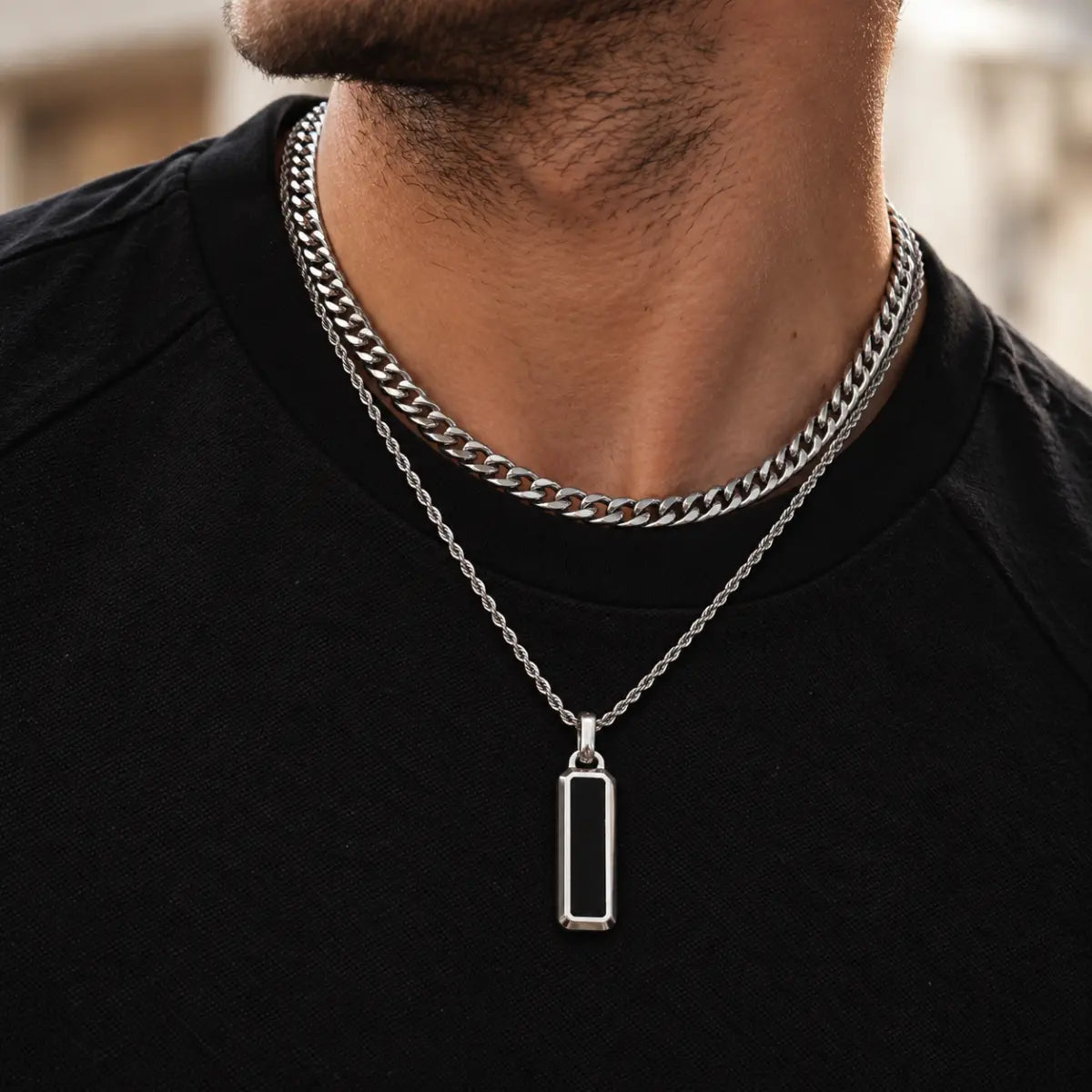 black bar necklace layered set lifestyle black shirt