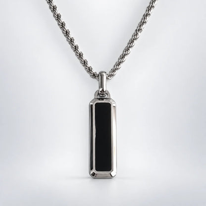 black bar necklace with rope chain white background