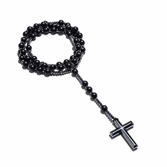 Black Beaded Cross Necklace - Xenos Jewelry