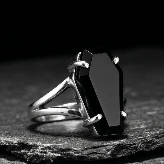 Black Coffin Ring Front View Minimalist Silver Band Gothic Jewelry