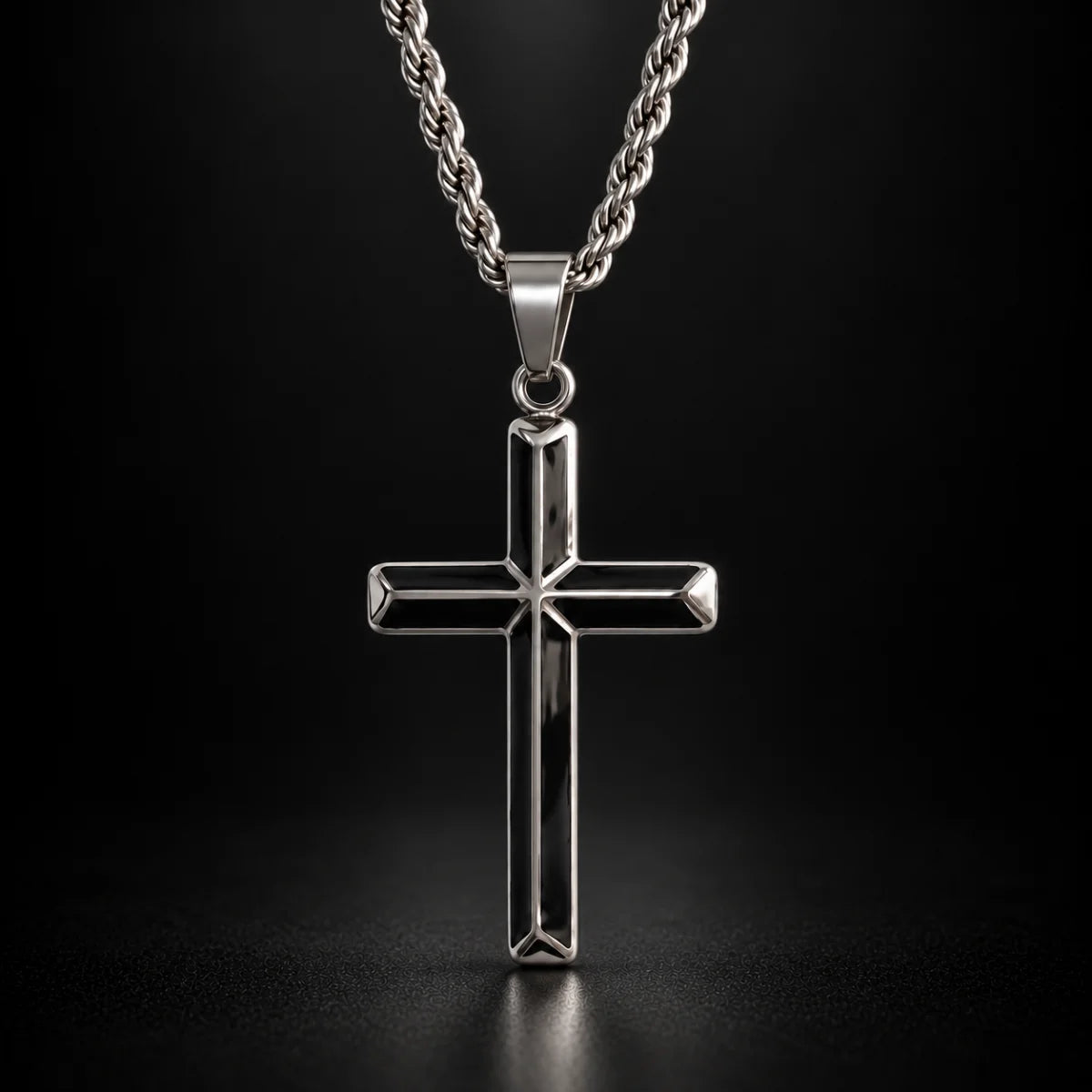 black enamel cross necklace black background hero