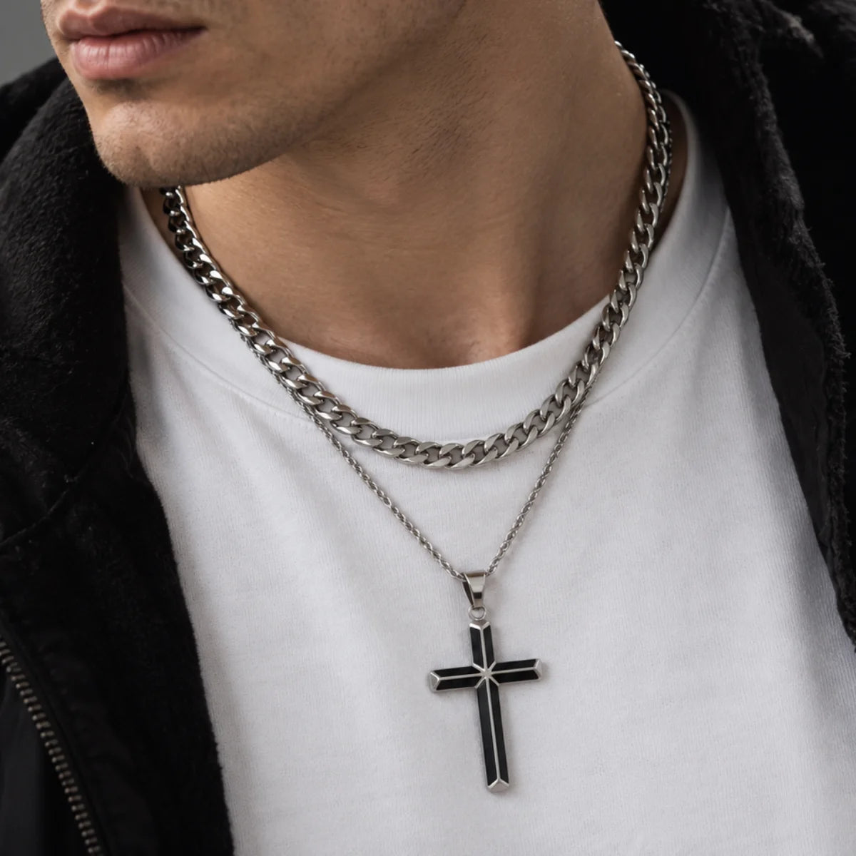black enamel cross necklace layered set lifestyle black jacket