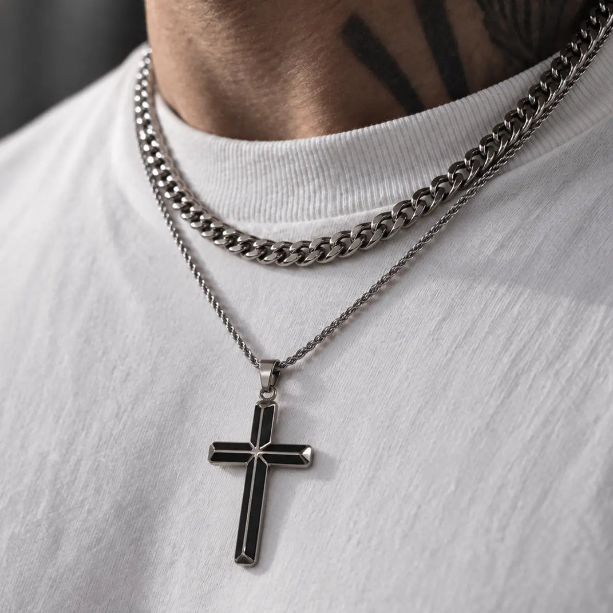 black enamel cross necklace layered set lifestyle white shirt
