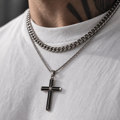 black enamel cross necklace layered set lifestyle white shirt