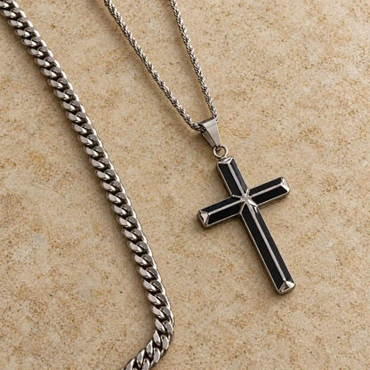 black enamel cross necklace layered set sandstone display