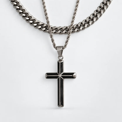 black enamel cross necklace layered set white background
