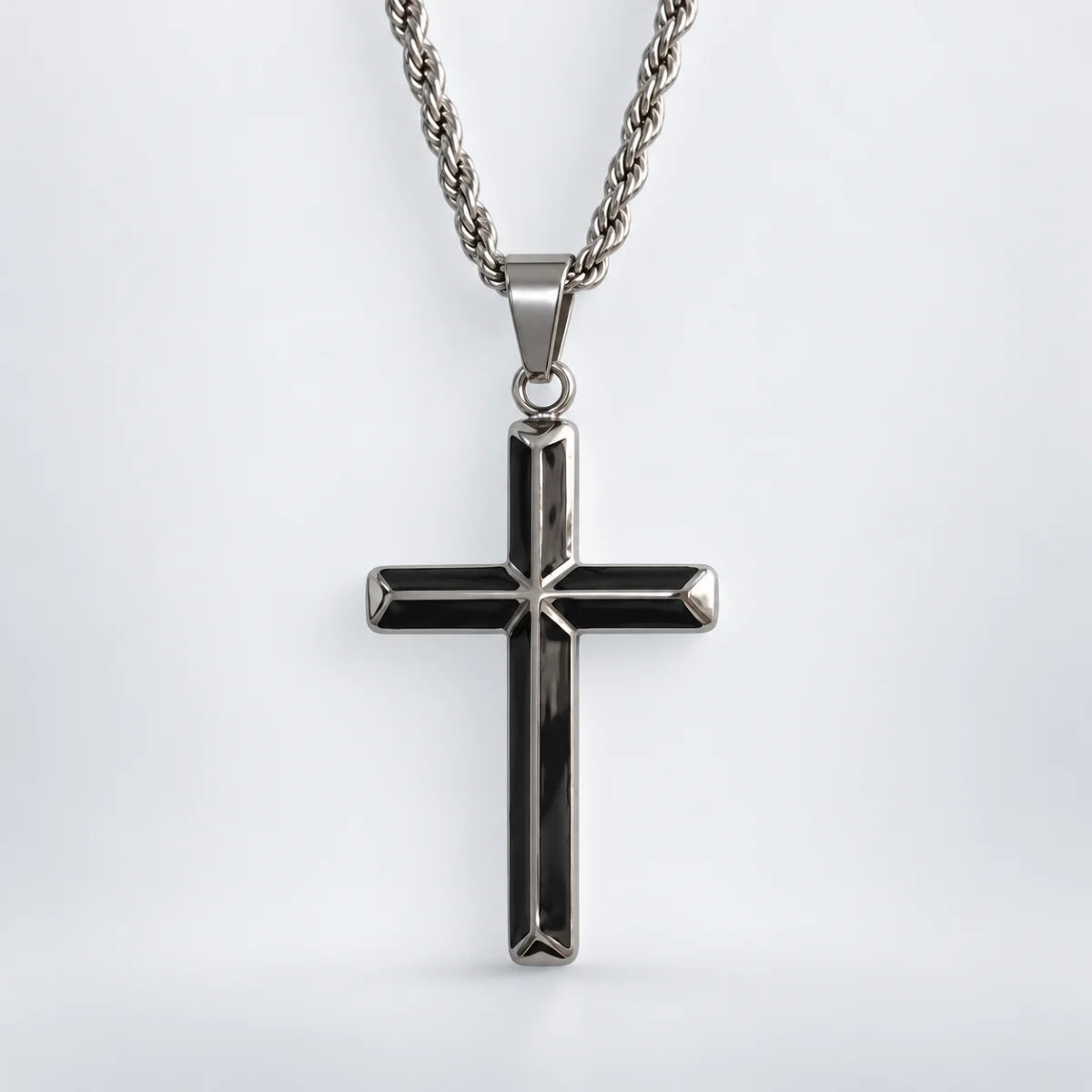 black enamel cross necklace with rope chain white background