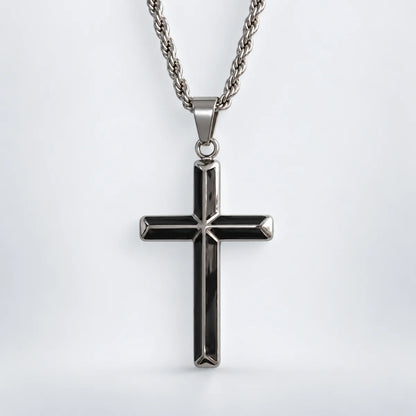 black enamel cross necklace with rope chain white background