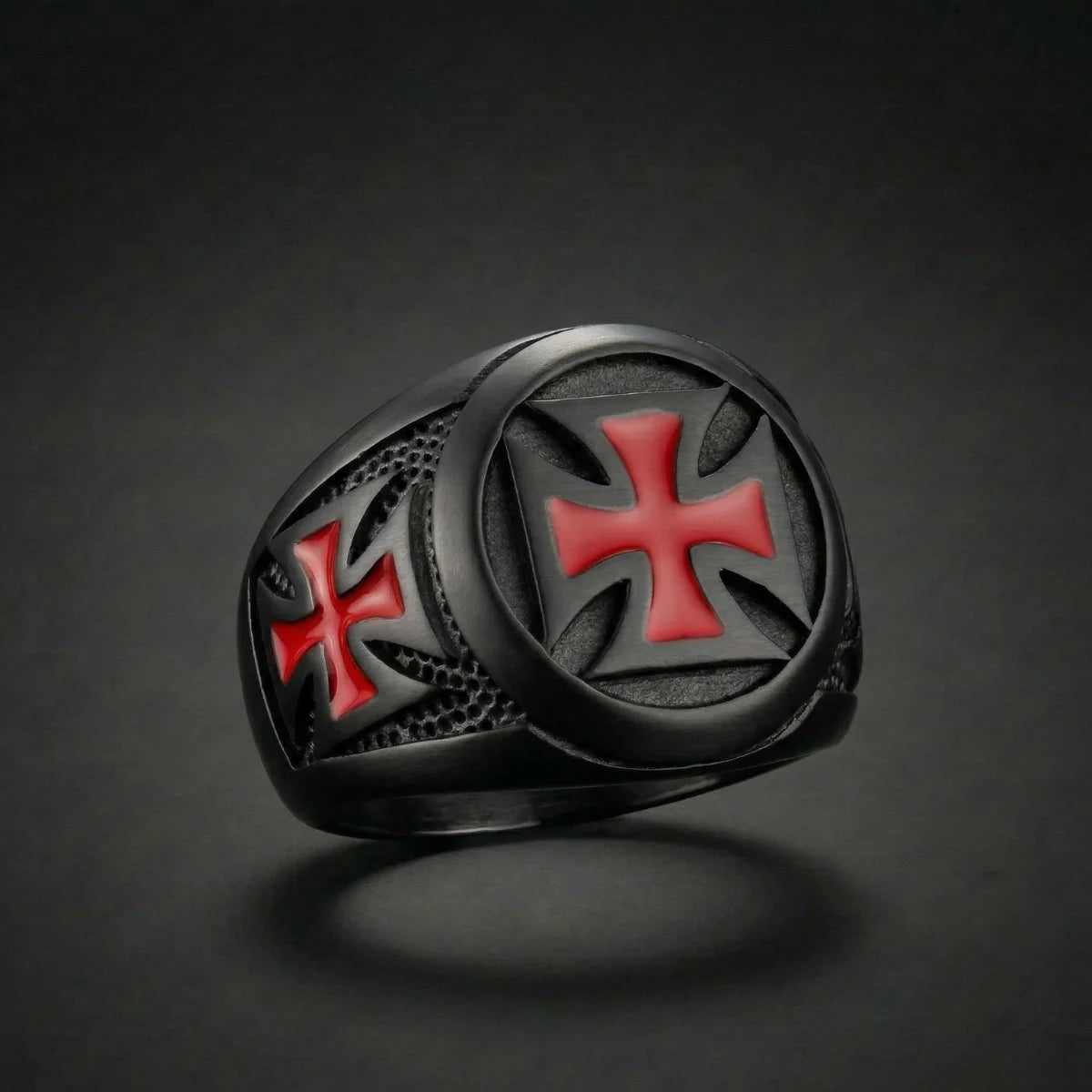 Black Knights Templar Cross Ring with red enamel