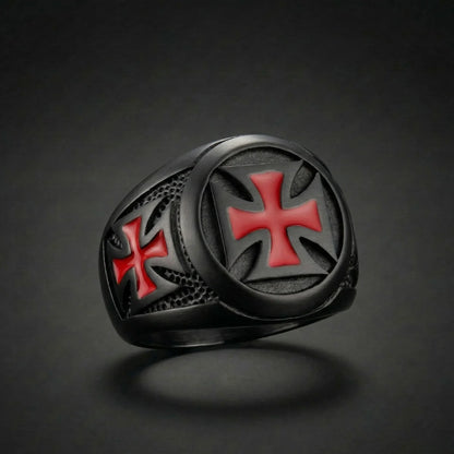 Black Knights Templar Cross Ring with red enamel