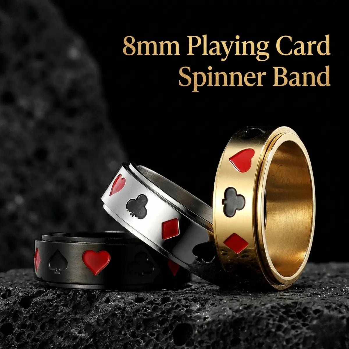 Black silver and gold Playing Card Spinner Rings collection