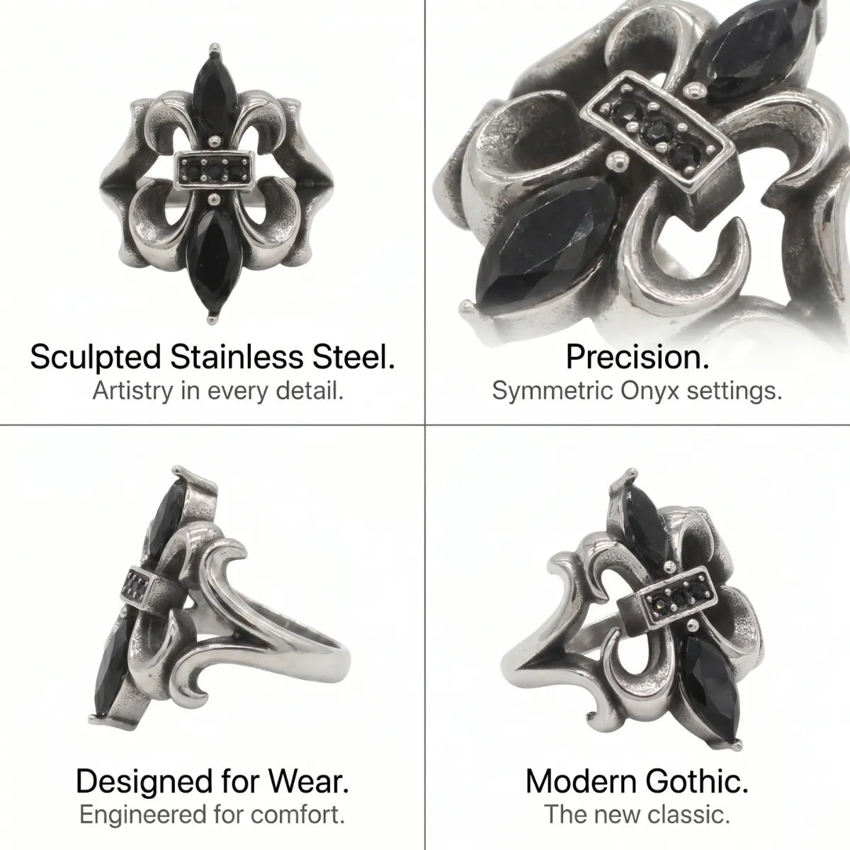 Black Stone Fleur De Lis Ring Design Features 316L Stainless Steel Modern Gothic Ring