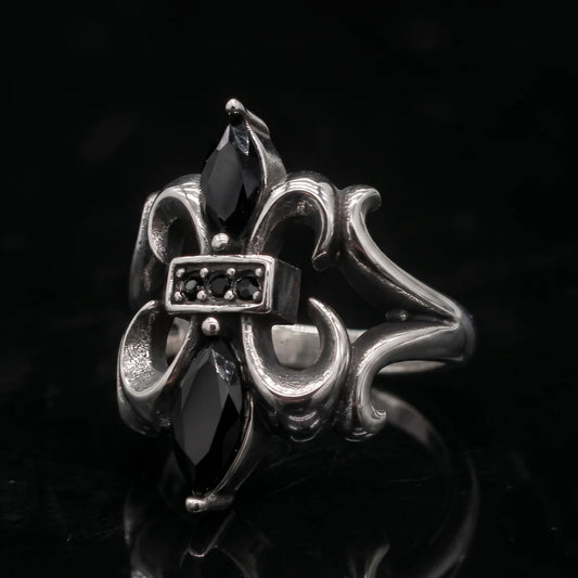 Black Stone Fleur De Lis Ring Front View Premium Stainless Steel Dark Romance Jewelry