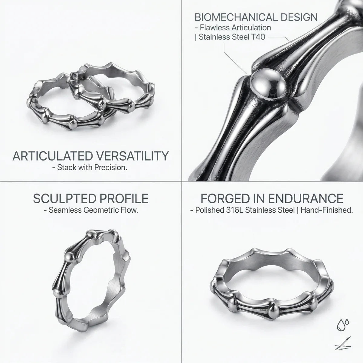 Bone Link Ring Design Features Biomechanical Sculpted Profile Goth Ring