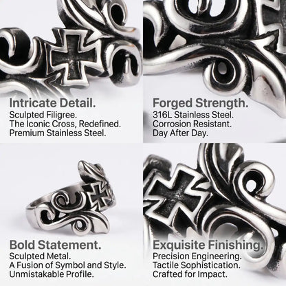 Bypass Cross Ring Design Features 316L Stainless Steel Fixed Size Gothic Ring