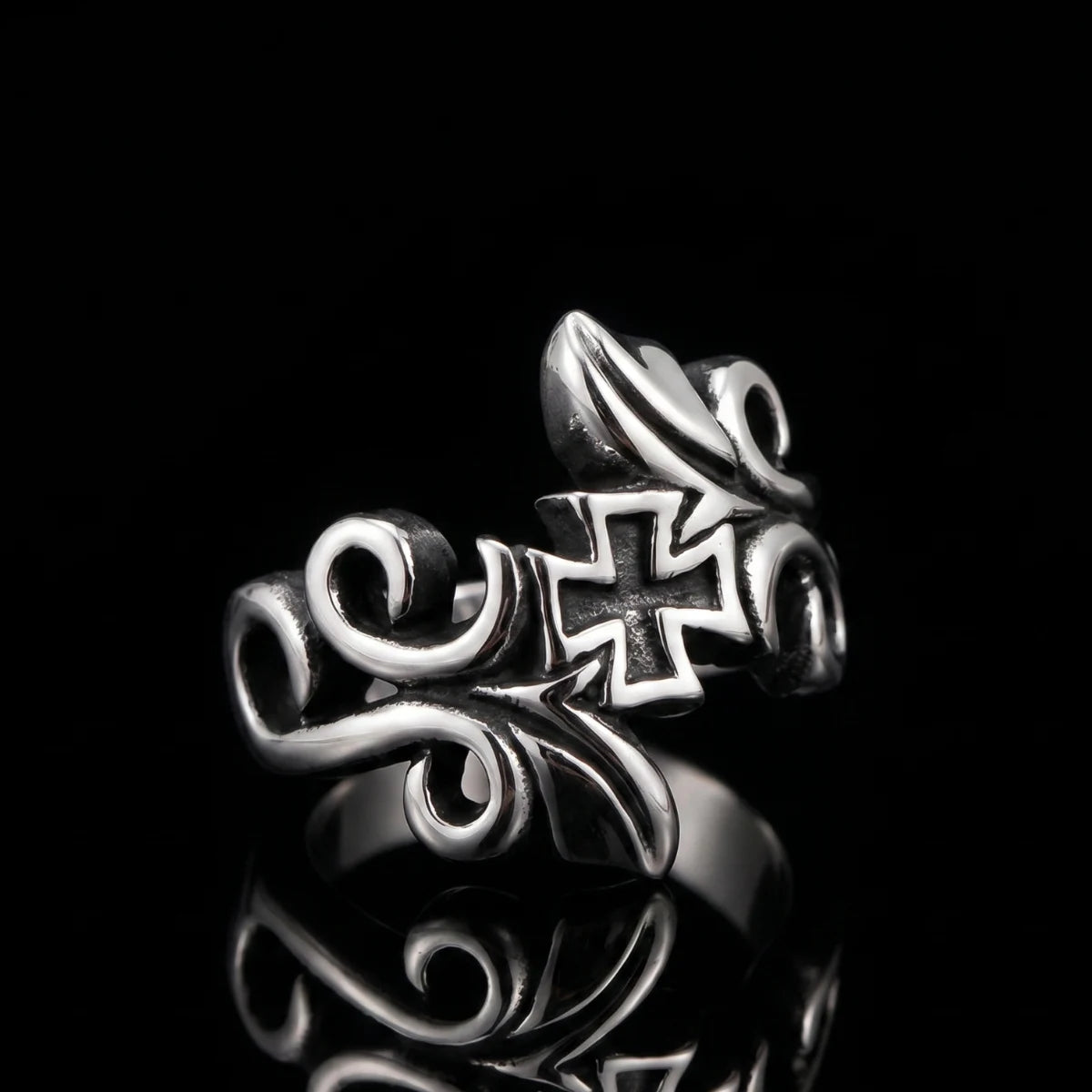 Bypass Cross Ring Front View Premium Stainless Steel Vintage Gothic Jewelry