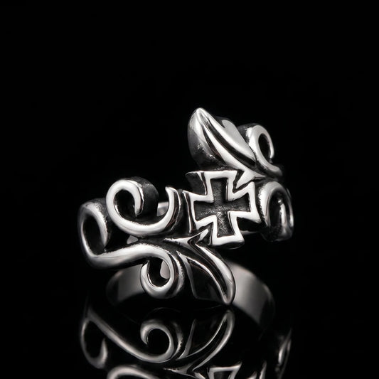 Bypass Cross Ring Front View Premium Stainless Steel Vintage Gothic Jewelry