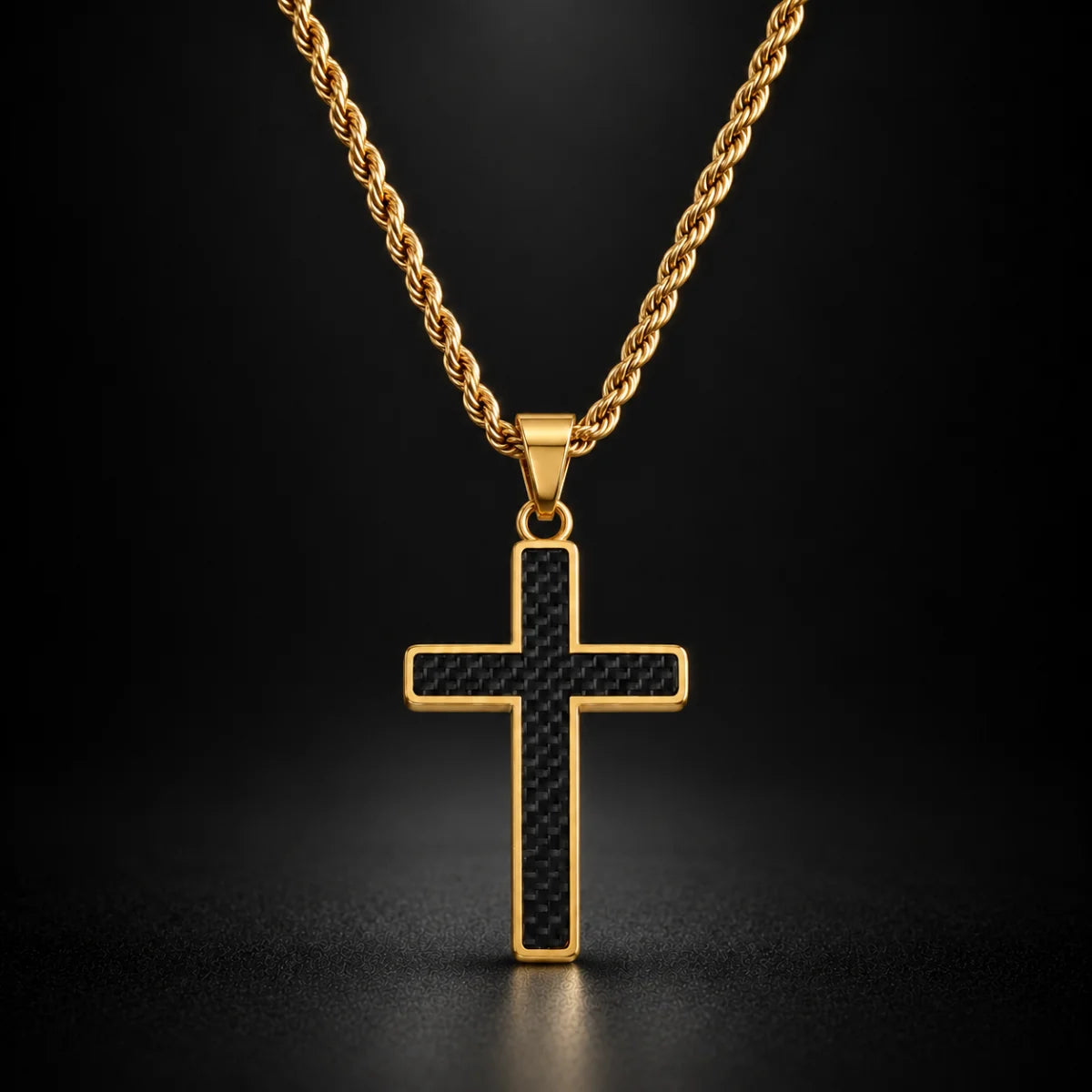 carbon fiber cross necklace black background hero