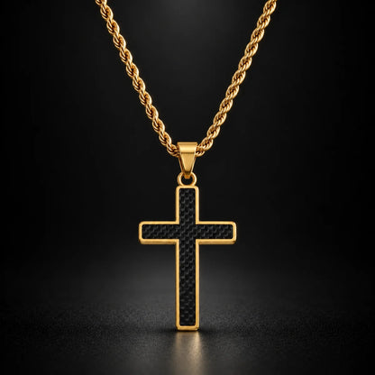 carbon fiber cross necklace black background hero