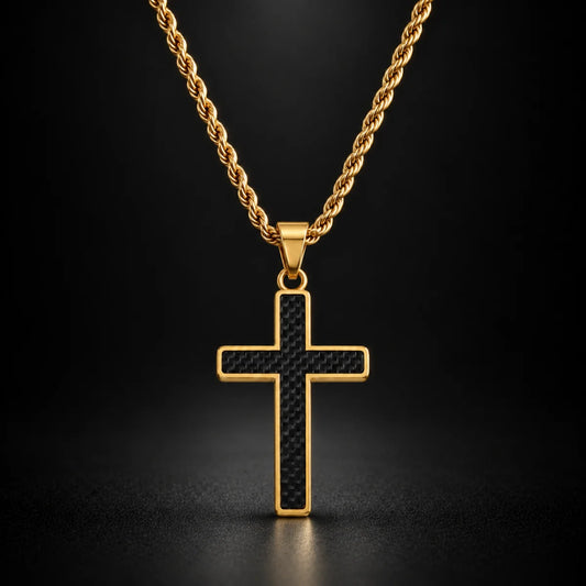 carbon fiber cross necklace black background hero