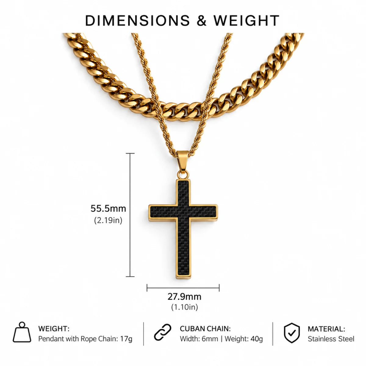 carbon fiber cross necklace dimensions and weight