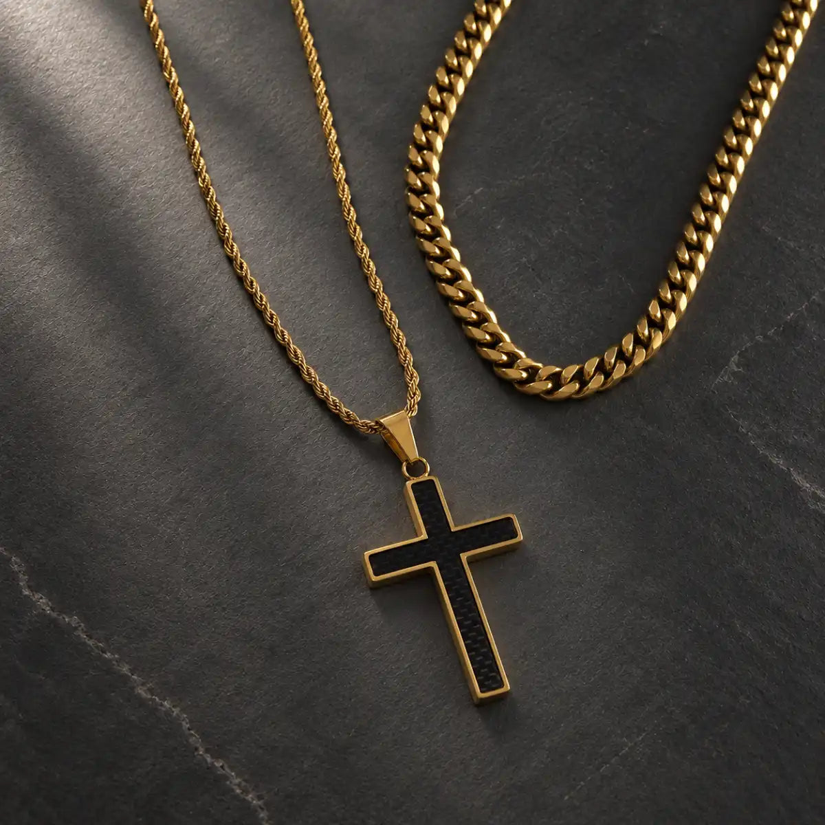 carbon fiber cross necklace layered set birds eye display