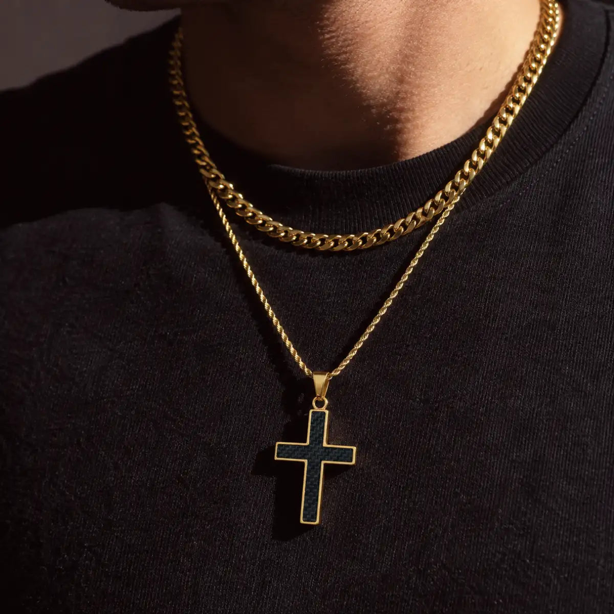 carbon fiber cross necklace layered set lifestyle black shirt
