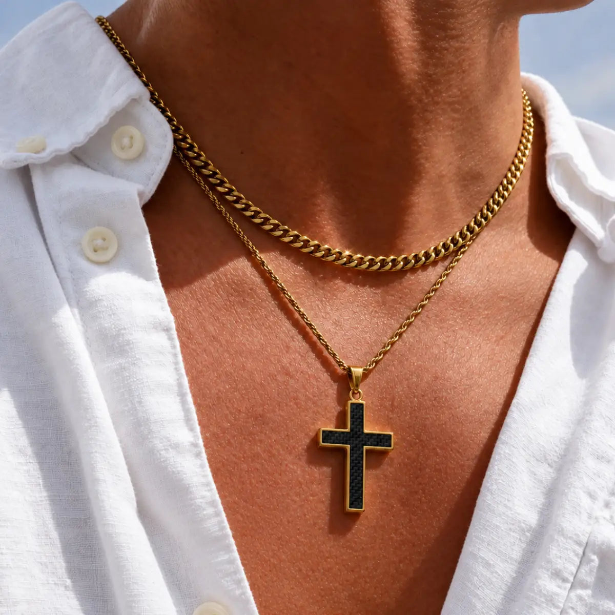 carbon fiber cross necklace layered set lifestyle white shirt