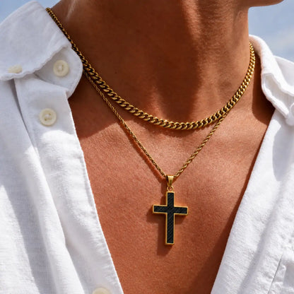 carbon fiber cross necklace layered set lifestyle white shirt