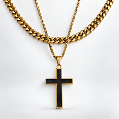 carbon fiber cross necklace layered set white background
