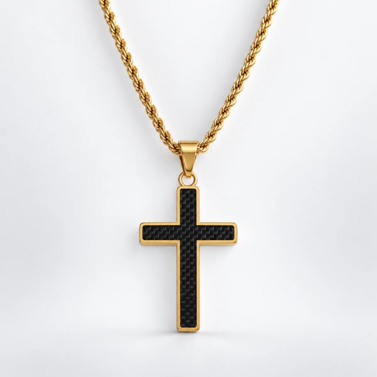 carbon fiber cross necklace with rope chain white background