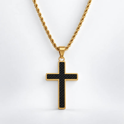 carbon fiber cross necklace with rope chain white background