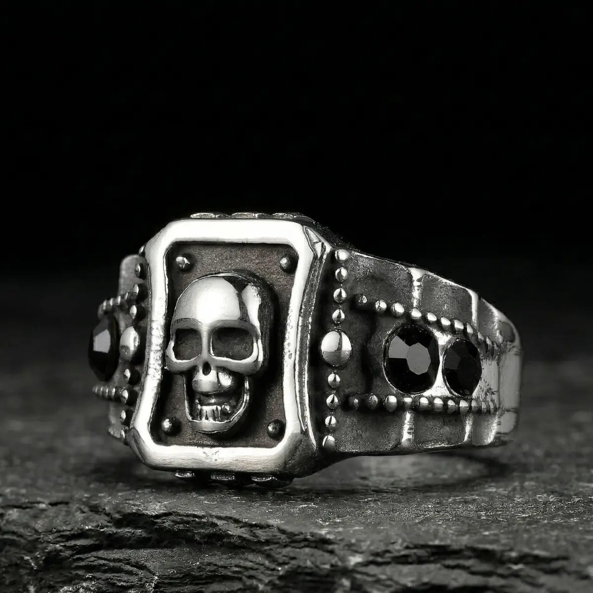 Catacombs Skull Ring Front View Vintage Gothic Jewelry
