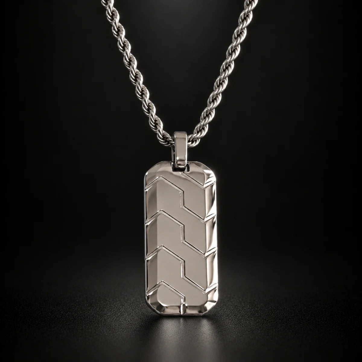 chevron dog tag necklace black background hero