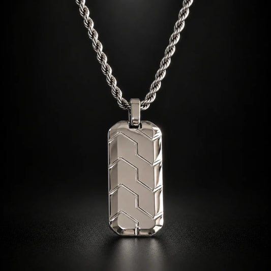 chevron dog tag necklace black background hero